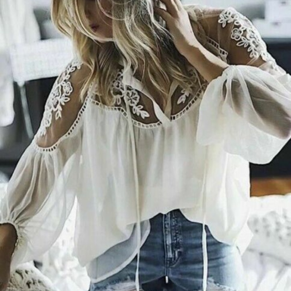 FLASH SALE!! Chiffon Lace White Chiffon Top Blouse - Picture 2 of 6